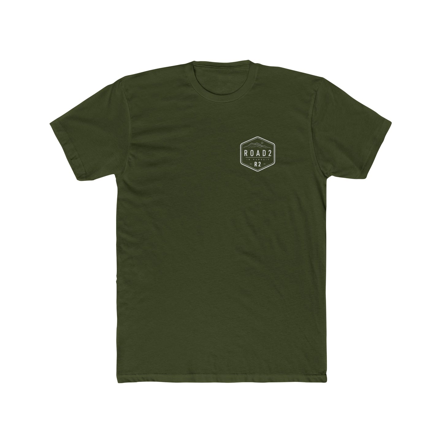 Minimal 'Road 2' Badge T-Shirt — Small Chest Logo, Back Neck Emblem