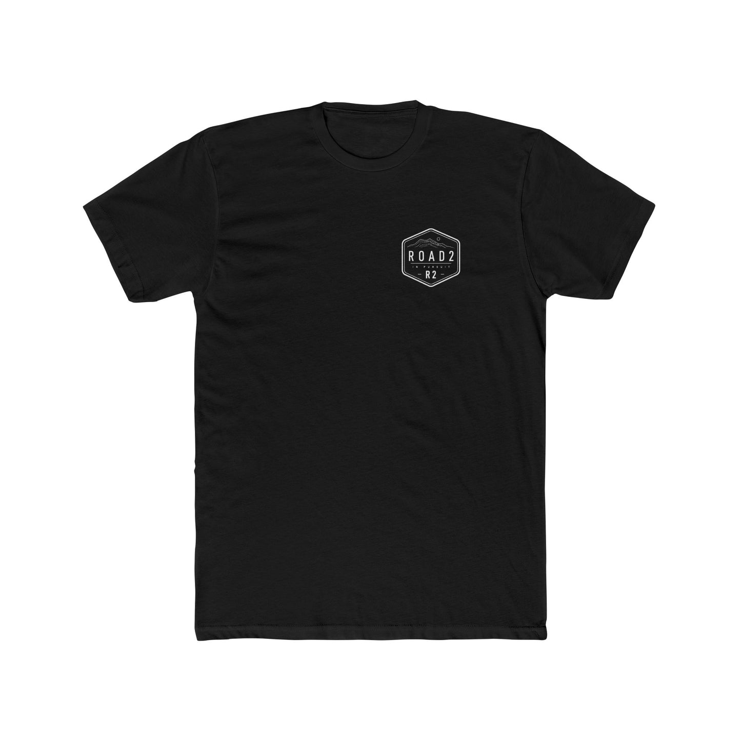 Minimal 'Road 2' Badge T-Shirt — Small Chest Logo, Back Neck Emblem