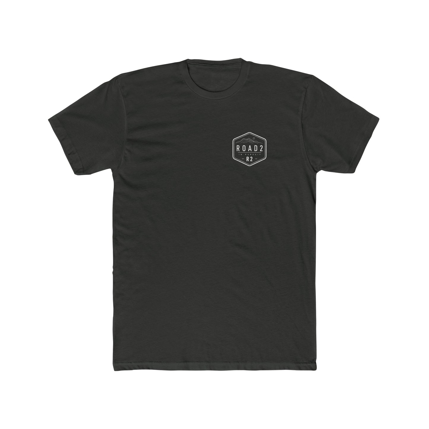 Minimal 'Road 2' Badge T-Shirt — Small Chest Logo, Back Neck Emblem