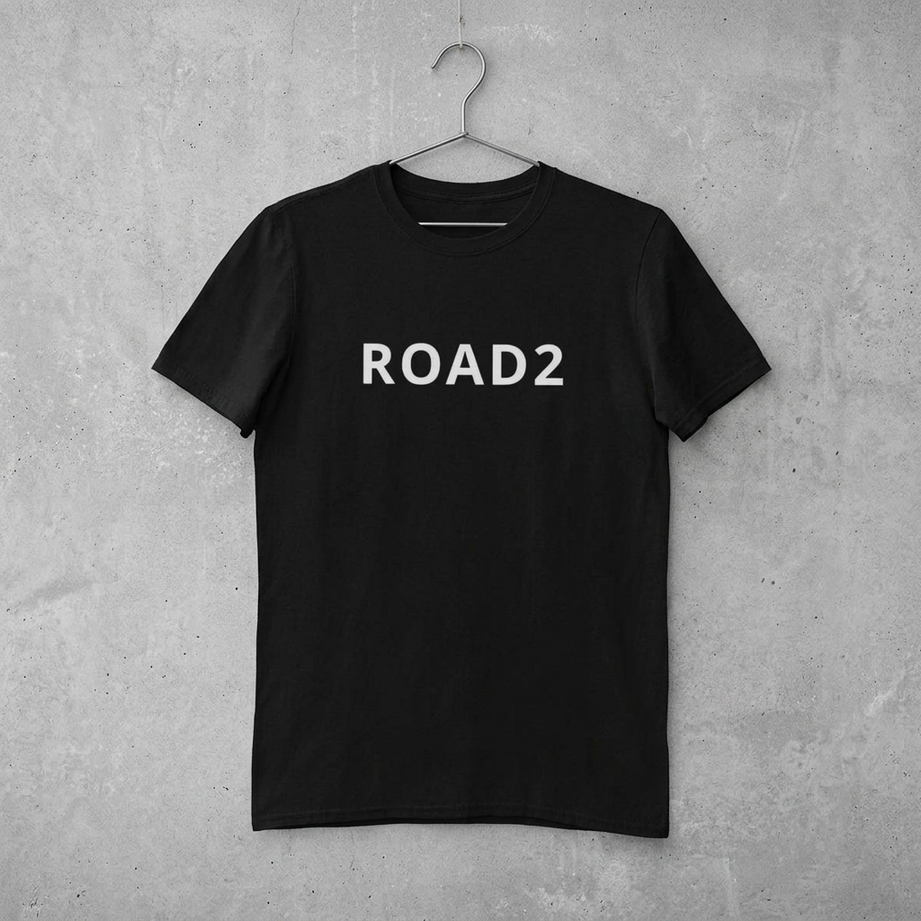 ROAD2 Graphic Tee — Minimalist Black Cotton Crew Shirt with ROAD2 Chest Print