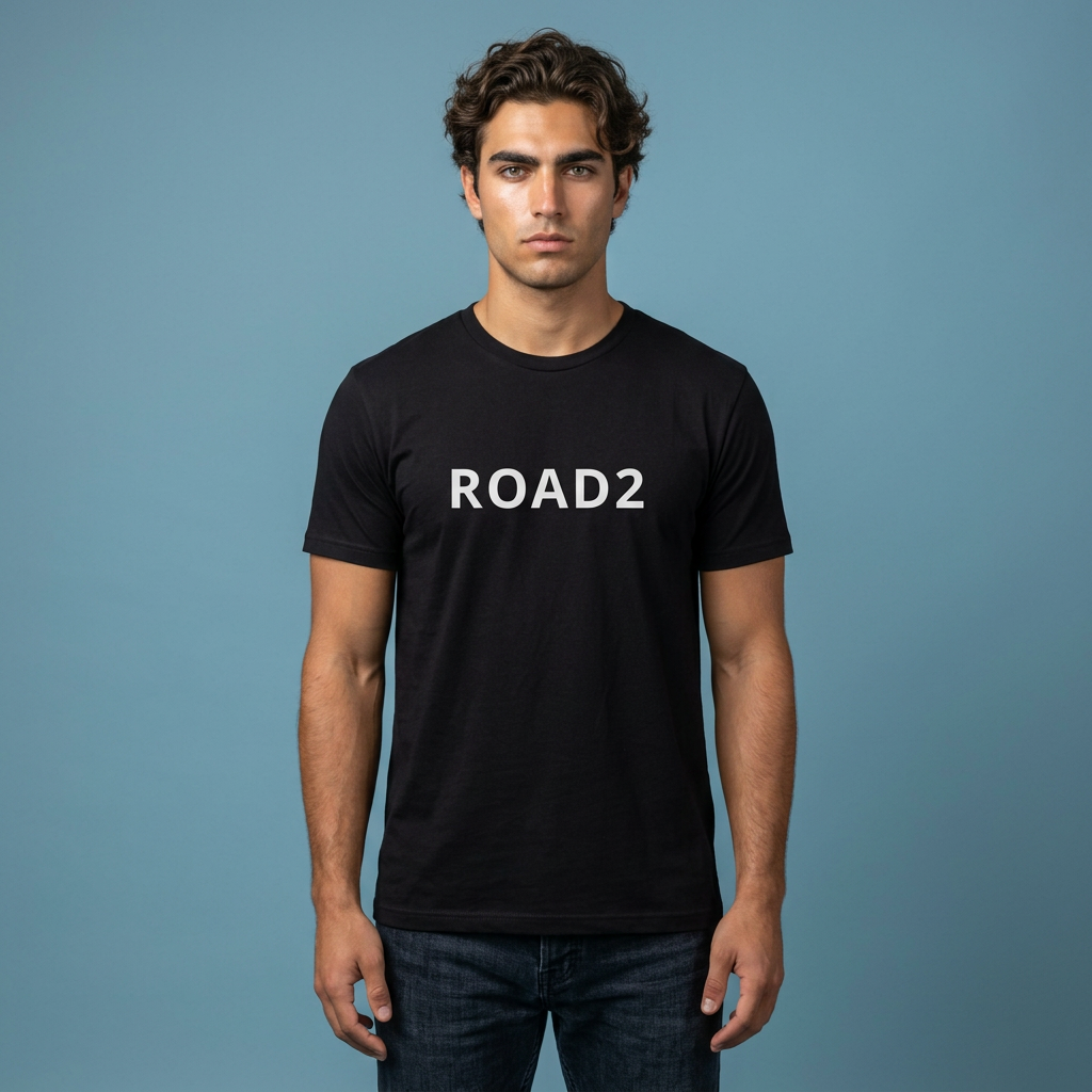 ROAD2 Graphic Tee — Minimalist Black Cotton Crew Shirt with ROAD2 Chest Print