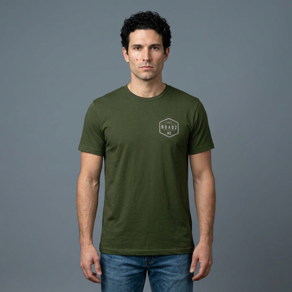 Minimal 'Road 2' Badge T-Shirt — Small Chest Logo, Back Neck Emblem