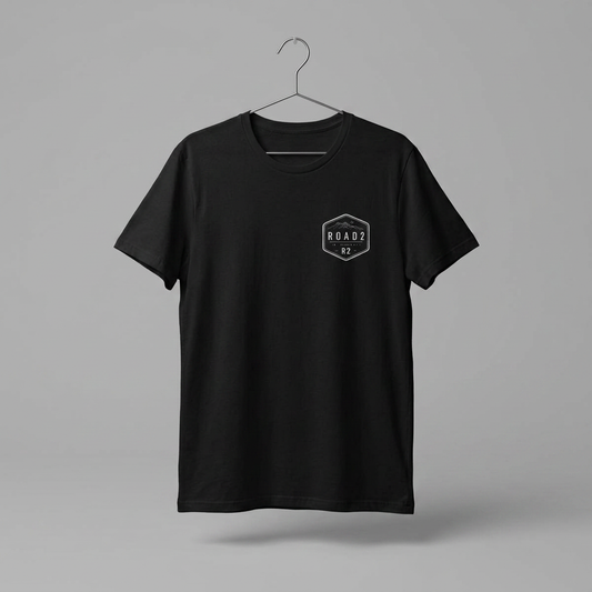 Minimal 'Road 2' Badge T-Shirt — Small Chest Logo, Back Neck Emblem