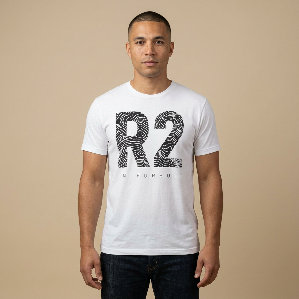 R2 'In Pursuit' Graphic Tee — Minimalist Monochrome Logo T-Shirt